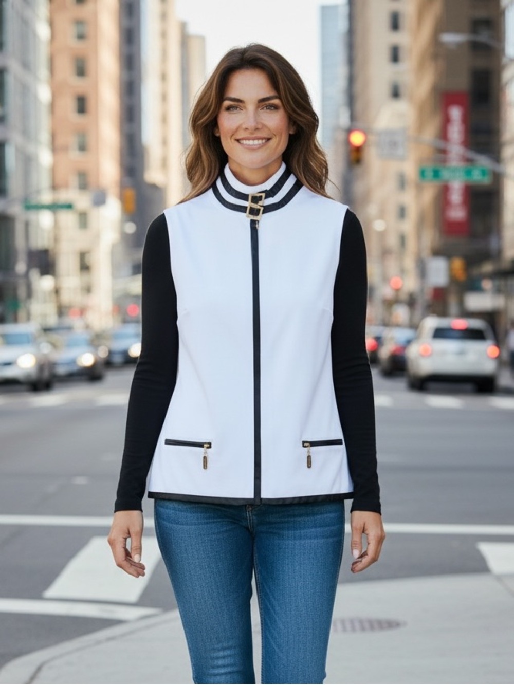 St. John Sport White Sleeveless Zip Vest with Black Trim